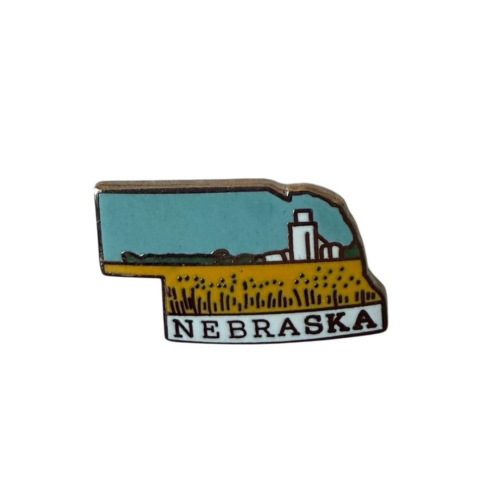 Vintage Nebraska State Map Enamel Lapel Pin Souvenir Grain Elevator Wheat Field